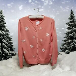The Tog Shop Embroidered Cardigan Sweater Long Sleeve SIZE MED Peach White NWOT